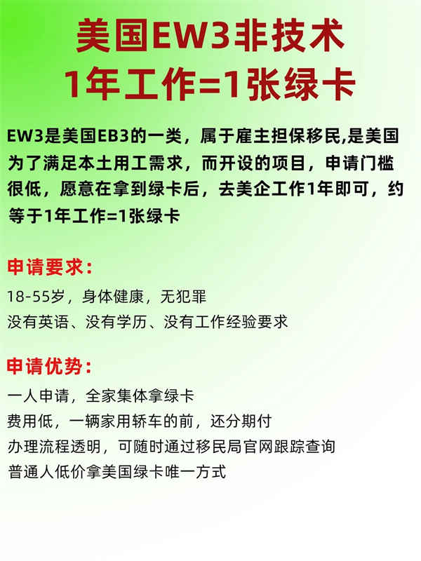 美國EW3非技術(shù)移民：1年工作=1張美國綠卡